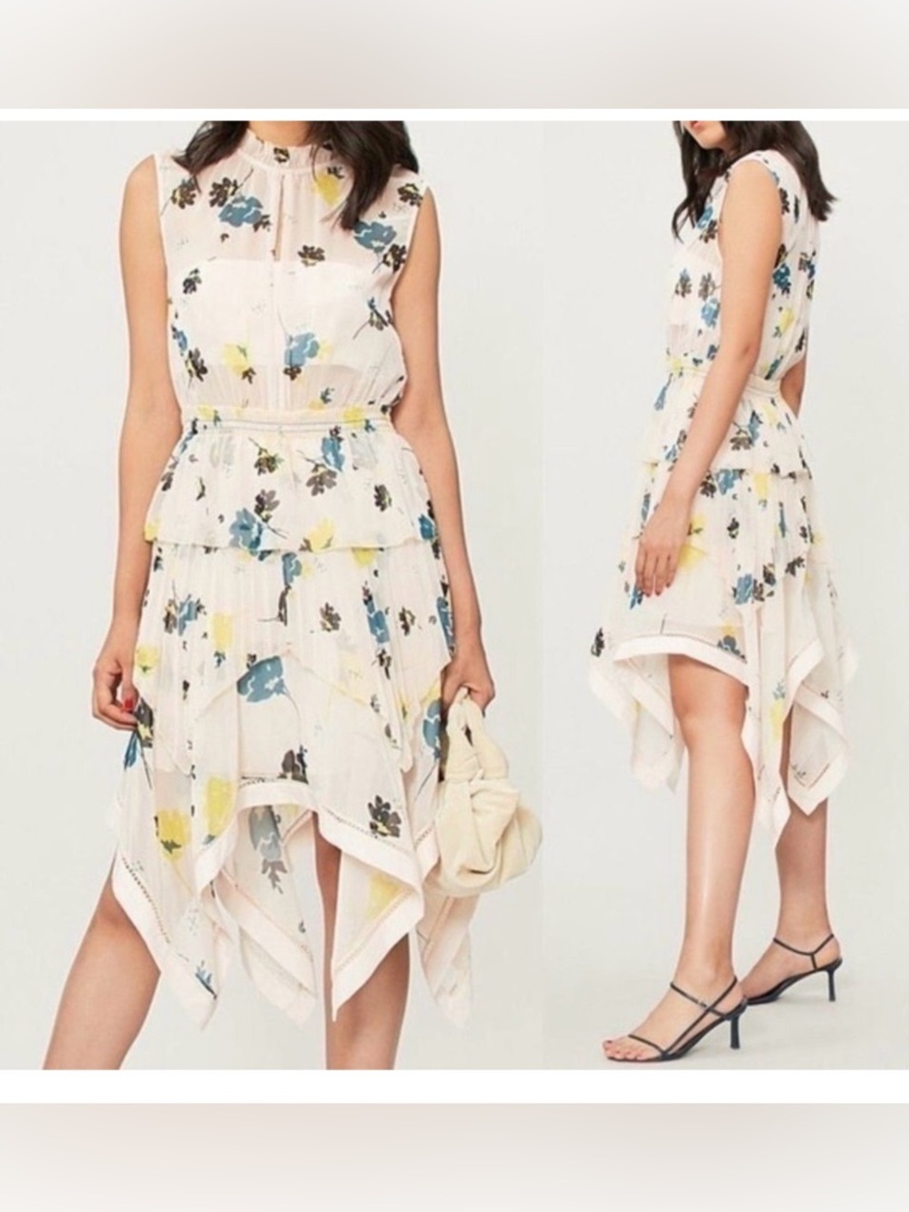 Self-Portrait Cream Floral Asymmetrical Handkerchief Hem Dress